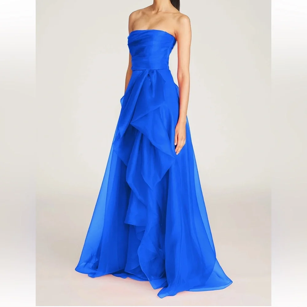 Theia Blue Asymmetrical Ruffled Strapless Gown - Picture 3 of 9